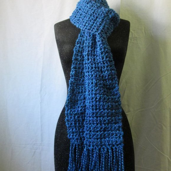 Bright Blue Scarf Handmade Crochet Hand Knit 95x5 Christmas Hanukkah Gift NWT - Picture 1 of 7
